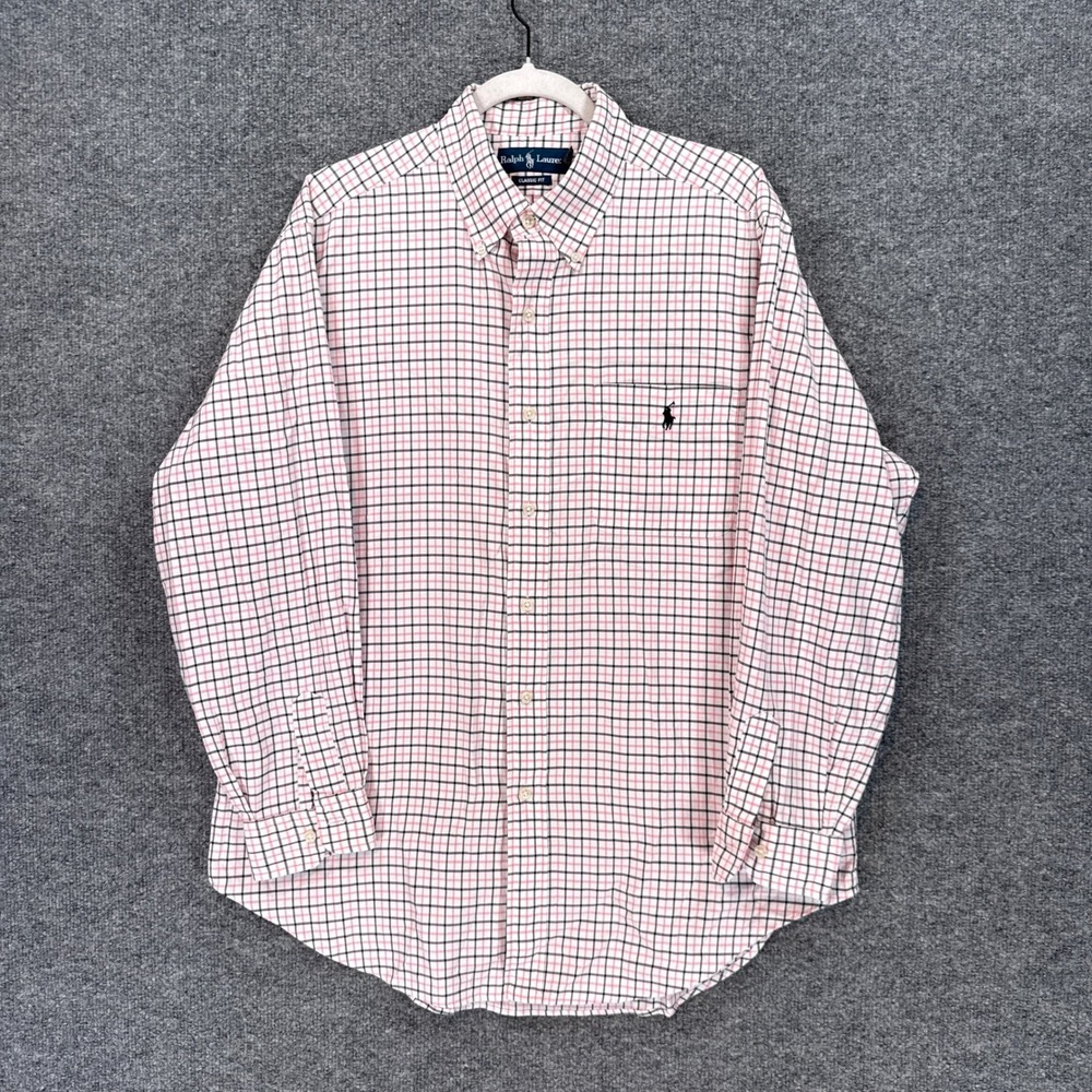 Ralph Lauren Button Down Shirt Mens Large Pink Black Tattersall Check Cotton